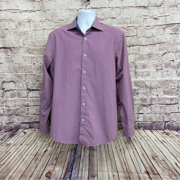 Bugatchi Uomo Pink Check Flip Contrast Cuff Shirt - Picture 1 of 13